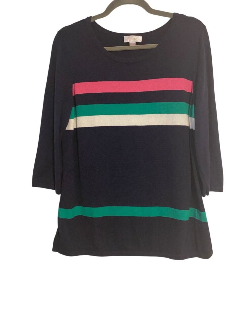 Belle Kim Gravel Women M Navy Striped Sweater 3/4 Sleeve Knit Top Boho Casual